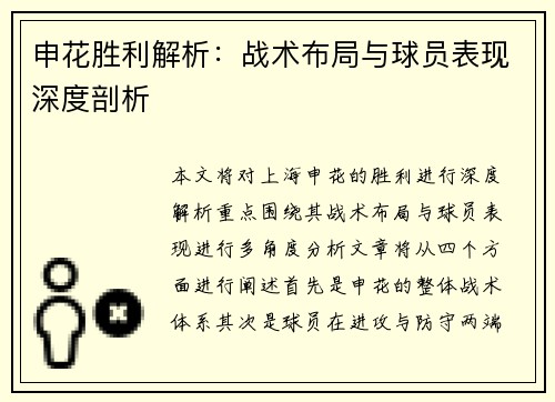 申花胜利解析：战术布局与球员表现深度剖析