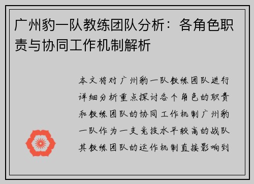 广州豹一队教练团队分析：各角色职责与协同工作机制解析