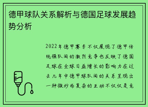 德甲球队关系解析与德国足球发展趋势分析