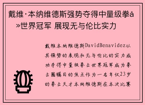 戴维·本纳维德斯强势夺得中量级拳击世界冠军 展现无与伦比实力 戴维·本纳维德斯强势夺得中量级拳击世界冠军 展现无与伦比实力