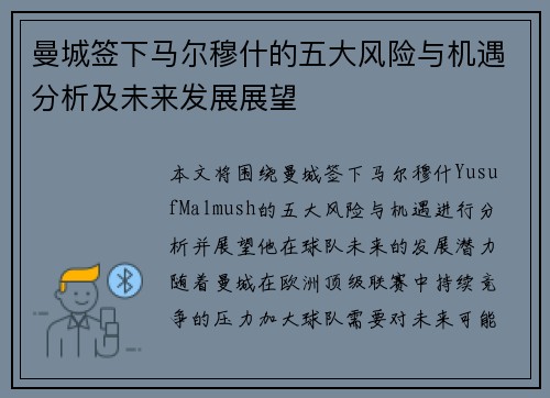 曼城签下马尔穆什的五大风险与机遇分析及未来发展展望